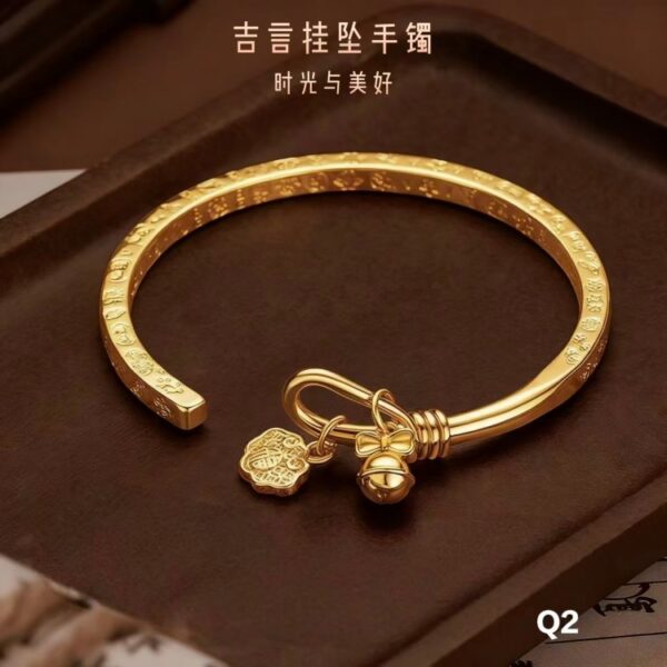 中式实心开口手环福字长命锁手镯